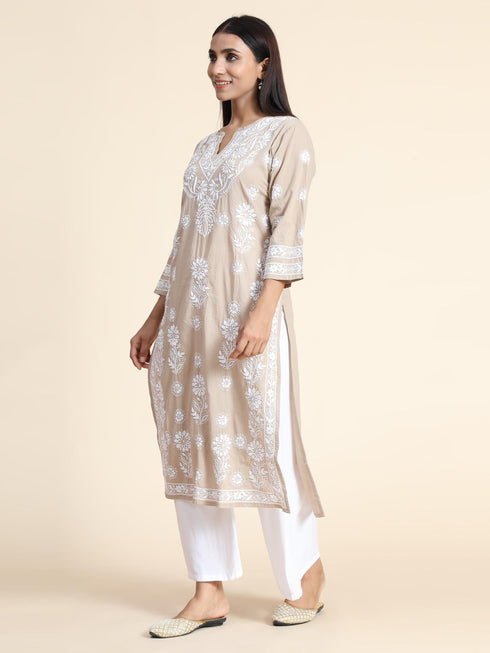 Aanchal in HOK Chikankari Long Kurti for Women Beige & White-2